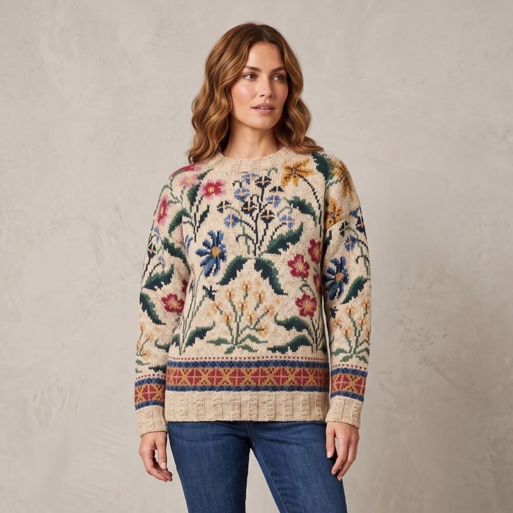 Vintage Bushwacker Crewneck Sweater Womens M Beige Chunky Knit Floral Pullover